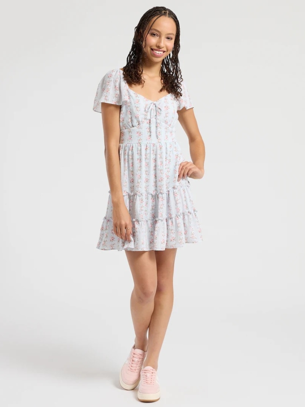 Crystal Doll Light Blue Floral Mini Dress with Pink Accents